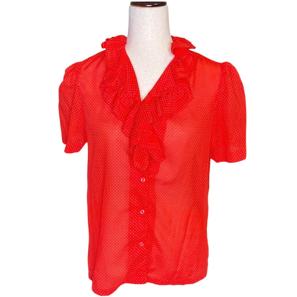 VTG NaMa CA Blouse Sheer M Red Polka Dot Ruffle Pinup Rockabilly Americana Retro